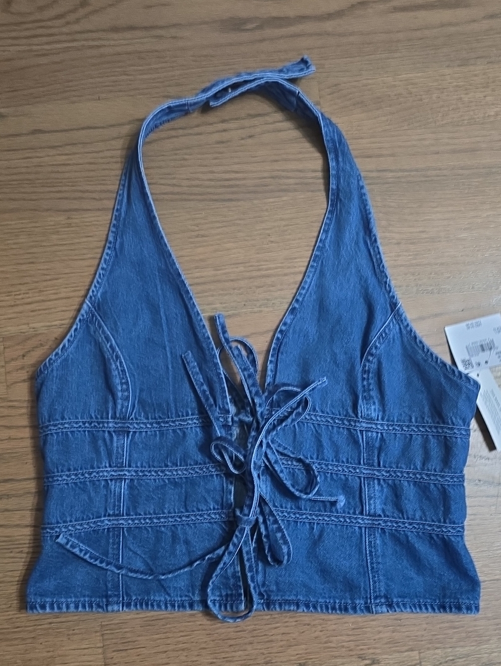 American Eagle Denim Halter Tie-Front Crop Top - Blue